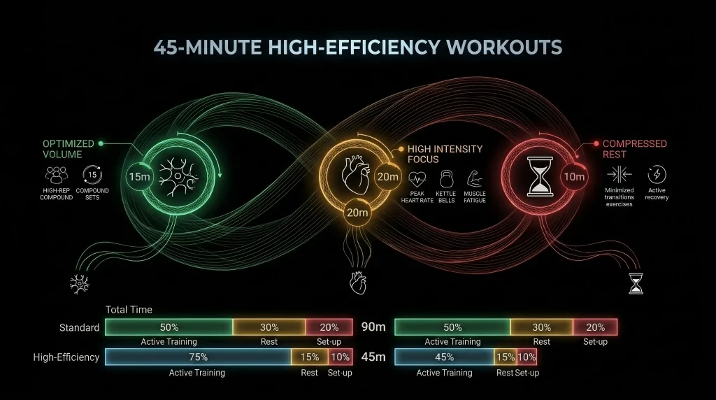 a clean minimalist fitness infographic diagram on a solid black background comparing a standard 90-minute workout timeline with a 45-minute high-efficiency workouts layout, breaking down active training time, compressed rest, and optimized work volume phases using simple green, amber, and red color codes.