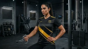 an athletic woman wearing the black and gold i train gym t-shirt performing a high-efficiency cable machine row workout in a premium, dark, and professional fitness studio background.